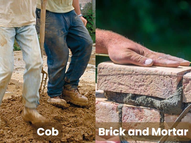 A photograph of cob mixture trodden by two workers wearing work boots on the left, and a photo of a bricklayer placing a brick on top of a brick wall on the right.