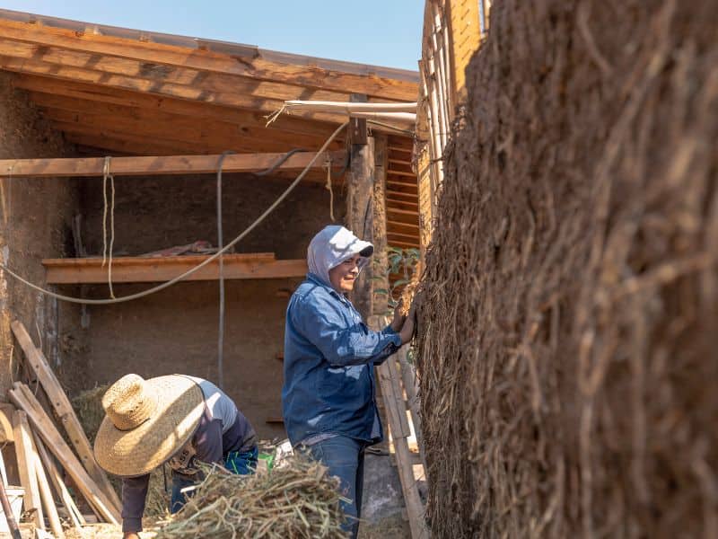 A photograph of two people working on a cob building project. They are working patiently with their hands to smooth a section of wall.