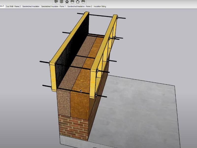 A screenshot of a video showing the different ways to improve the thermal insulation properties of cob walls. The image shows a CAD image taken from the software used to illustrate the different types of insulation.