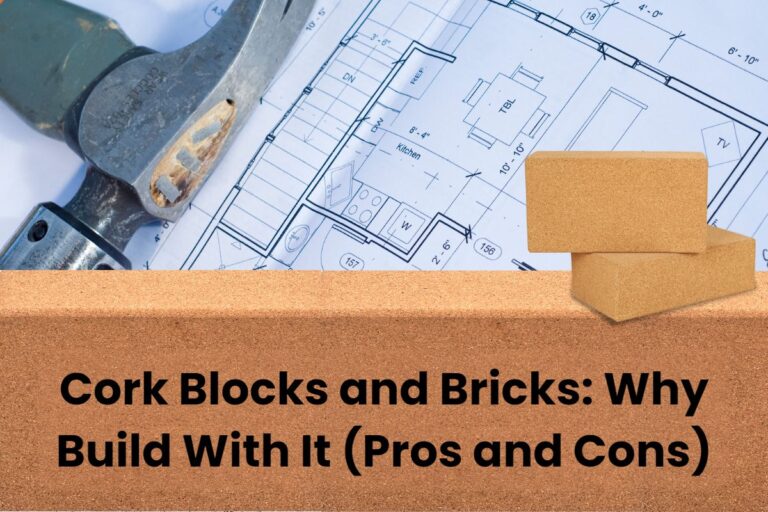 A photograph of a set of building plans with a hammer resting on them. In the lower half of the image is a row of cork blocks made into a wall with two more loose blocks stacked on top. Across the cork block wall are the words "Cork Blocks and Bricks: Why Build With It (Pros and Cons)."