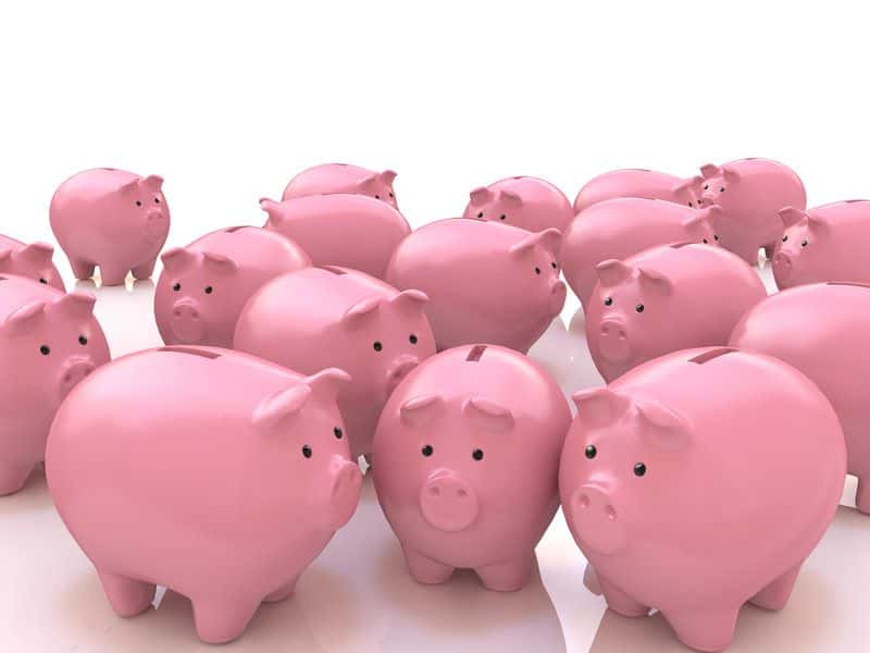 A herd of pink piggy banks on a white table with a white background.