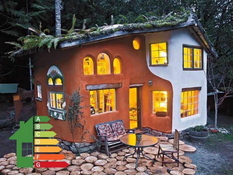 A picture of a cob house with warm lighting inside at dusk. The walls are orange on the left and white on the right and the roof is a living roof design. In the bottom left corner is an energy efficiency rating icon (A-G) with a green home on the left.