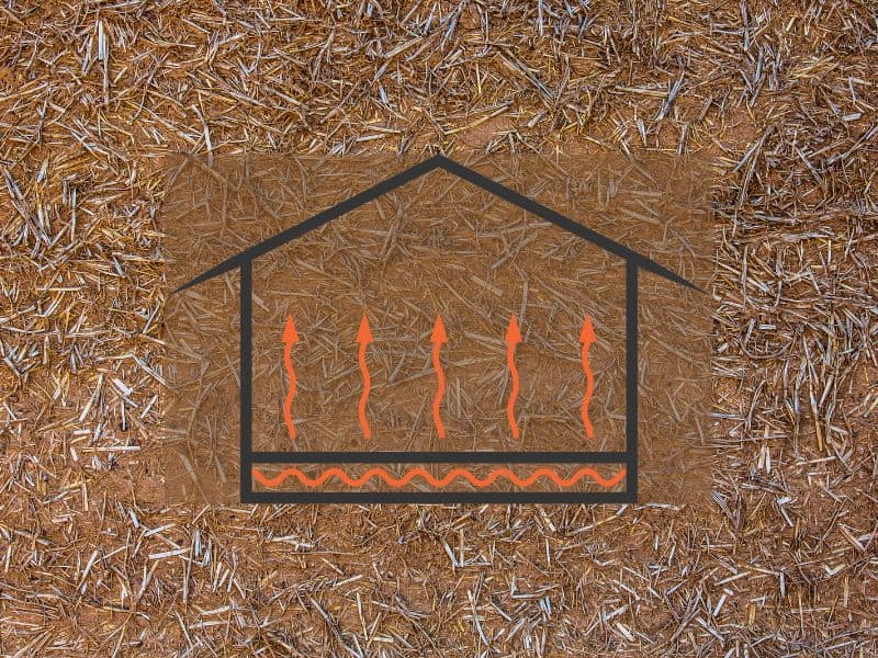 A closeup of a cob wall with straw on its surface. In the center is a drawing of a stylized house with red curvy lines and arrows to indicate heat.