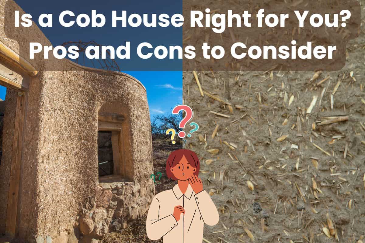 A photograph of a cob house under construction on the left-hand side, a picture of a closeup of a cob wall on the right. Across the top are the words, "Is a Cob House Right for You? Pros and Cons to Consider." in the bottom center of the image is a cartoon man with a questioning expression and question marks above his head.