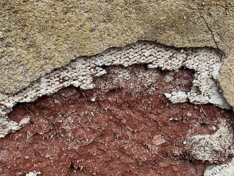 A photograph of a cob wall with delaminated cement render that has flaked off, exposing the cob material beneath.