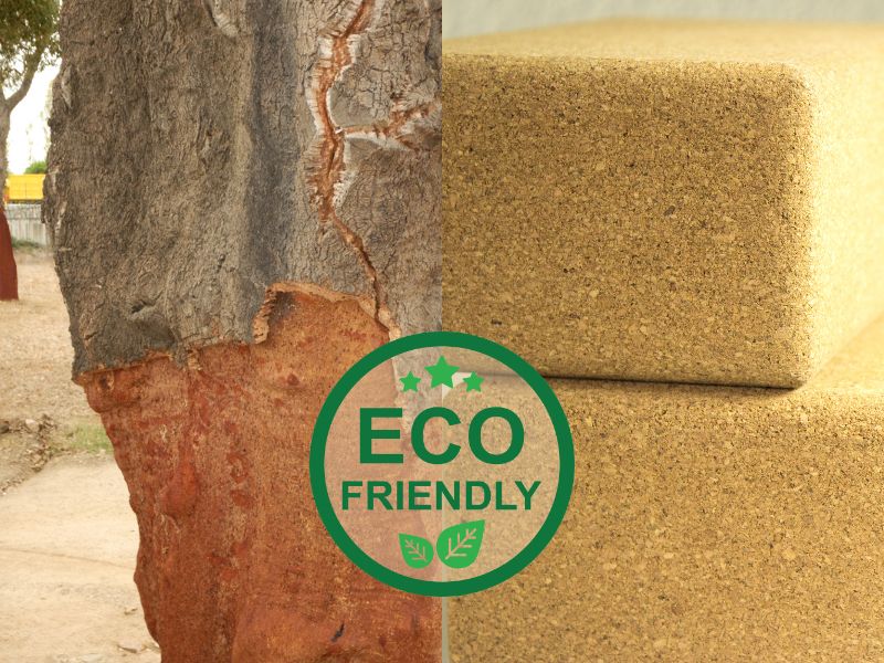 A photograph of a cork oak tree with its bark recently harvested next to a photo of finished cork blocks. A badge is overlain that says, "eco-friendly."