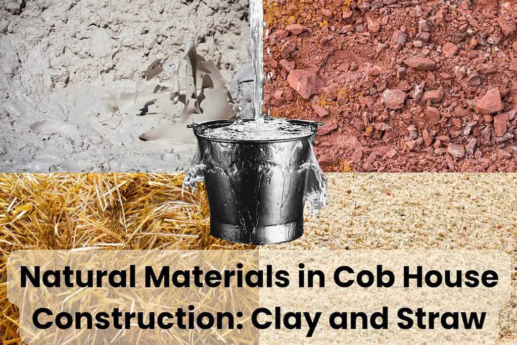 A collage of five photographs showing the different natural materials used in cob construction. Clockwise from top left are pictures of clay, subsoil, sand, and straw, with a picture of an overflowing bucket of water in the center. Along the bottom are the words "Natural Materials in Cob House Construction: Clay and Straw."