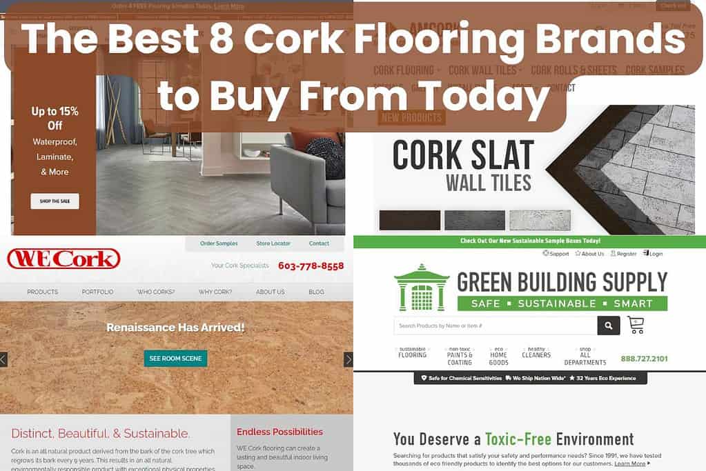 Four screenshots taken from cork brands' websites. Across the top are the words "The Best 8 Cork Flooring Brands to Buy From Today."