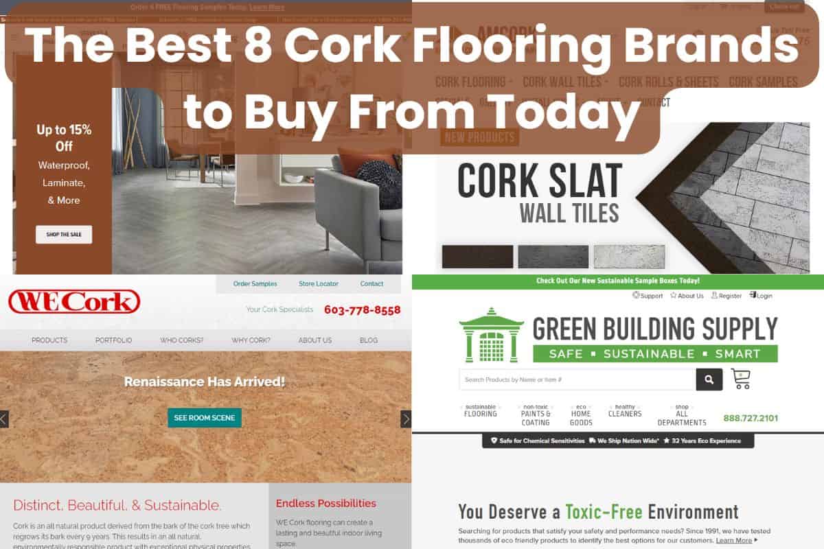 Four screenshots taken from cork brands' websites. Across the top are the words "The Best 8 Cork Flooring Brands to Buy From Today."