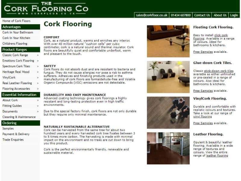 A screenshot of The Cork Flooring Company's website.