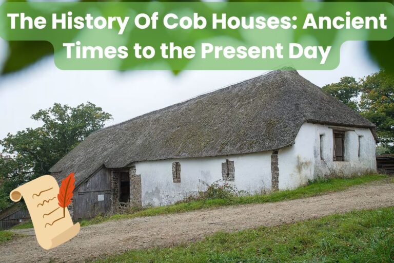 An ancient cob building in Devon, England. The building is next to a sloping track, has a thatched roof and narrow windows. Across the top are the words "The History Of Cob Houses: Ancient Times to the Present Day," and in the bottom left is a drawing of an ancient scroll with a feather quill.