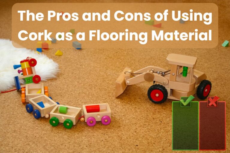 Cork flooring in a children's playroom. The floor has wooden toys, including a digger and a train with a fluffy white fur rug on the left. Across the top are the words "The Pros and Cons of Using Cork as a Flooring Material."