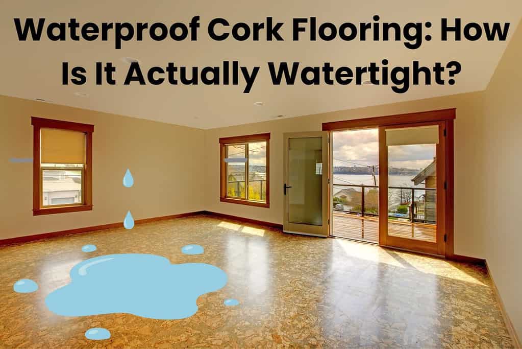 Waterproof cork flooring in a large room with glass doors leading out onto a decked area. A puddle of water on the floor is caused by water dripping down from the ceiling. Across the top of the image are the words, "Waterproof Cork Flooring: How Is It Actually Watertight?"