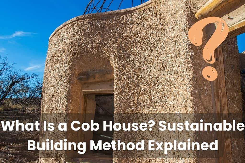 A cob house with a curved wall with visible straw on its surface. It is still under construction and has a doorway without a door and no roof. Across the bottom are the words, "What Is a Cob House? Sustainable Building Method Explained." In the upper right corner is a question mark.