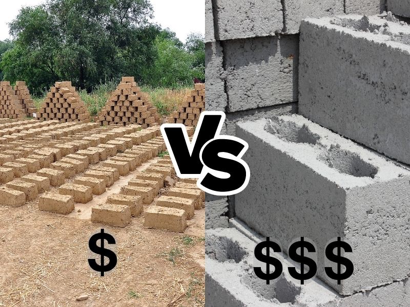 A photograph of adobe bricks on the left and concrete blocks on the right. In the center is a "VS" icon. A dollar sign overlaps in the adobe photo's lower half, and three dollar signs are overlaid across the lower half of the concrete blocks photo.