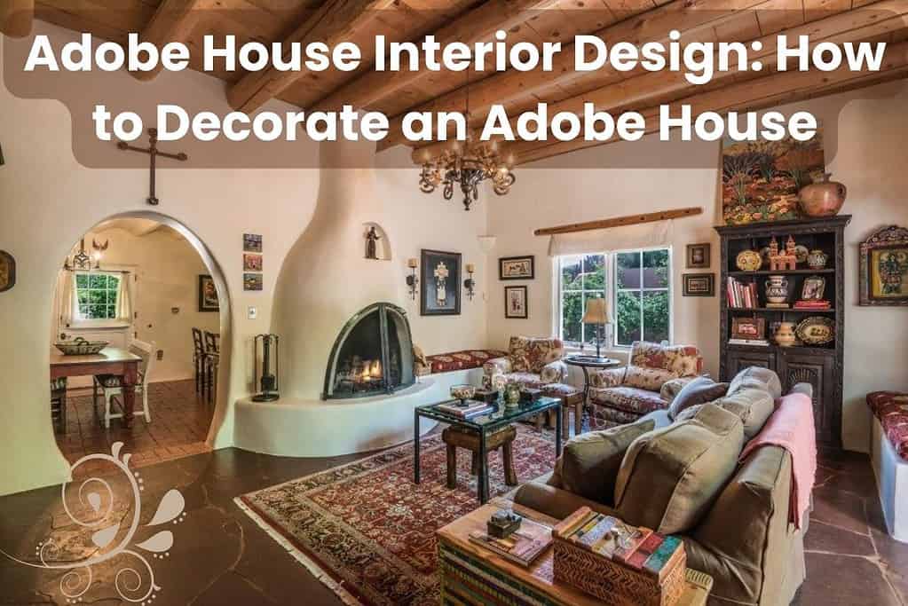 A photograph of an adobe house interior with traditional decor. The fireplace has rounded edges, and an oval doorway between the living area and dining room. There are patterned throws and rugs to create texture. A floral design is in the bottom left of the image and across the top are the words "Adobe House Interior Design How to Decorate an Adobe House."