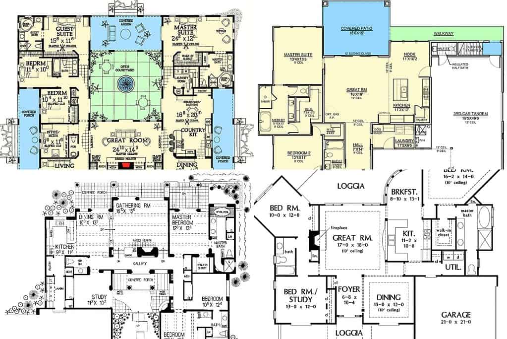 Images of the adobe house plans featured on the Architectural Designs and Zonda Media websites.