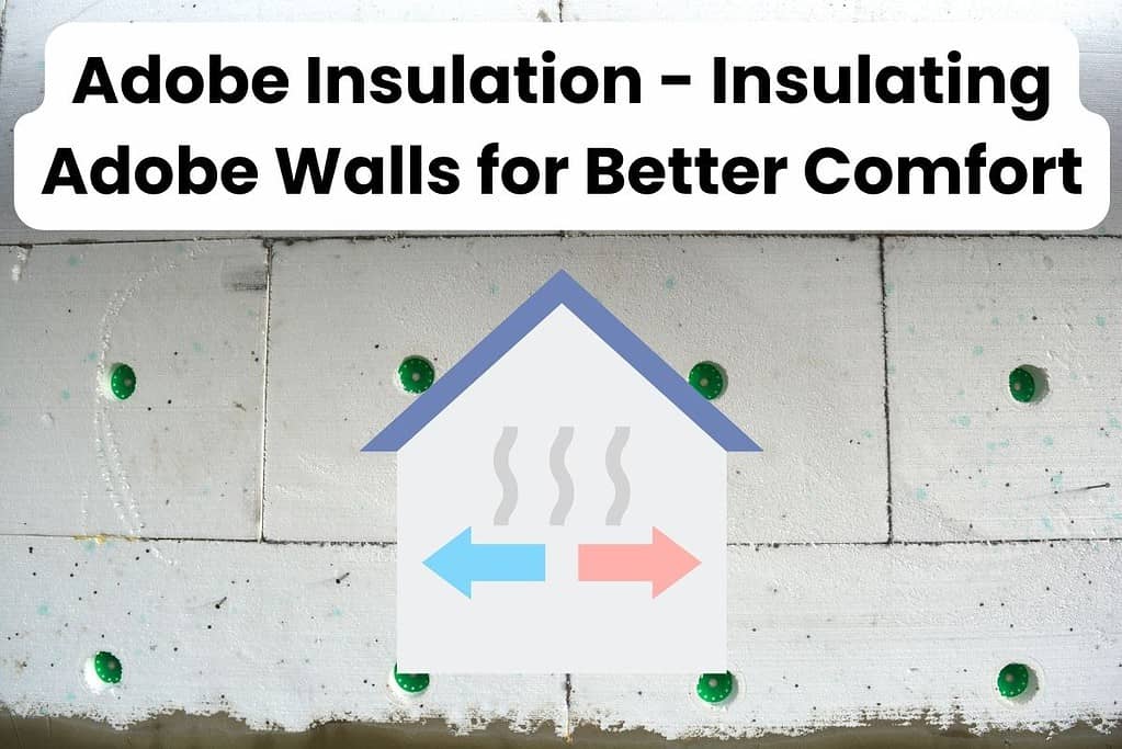 White polystyrene wall insulation covering an adobe wall is held in place with specialist green plastic fasteners. Across the top of the image are the words "Adobe Insulation - Insulating Adobe Walls for Better Comfort." In the lower center of the image is a cartoon house with blue and pink arrows to indicate insulation keeping warmth and cool air in the building.