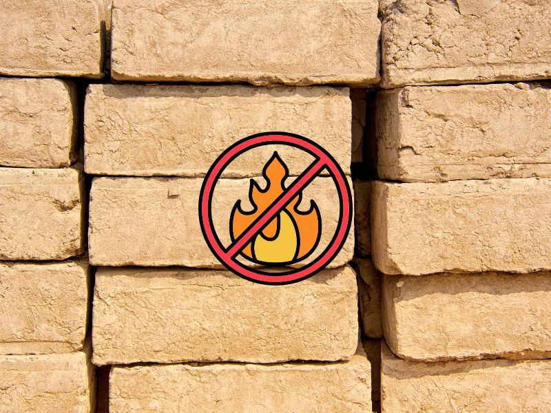 A stack of adobe bricks (adobes) with a cartoon fire symbol with a red circle with a diagonal red line across.