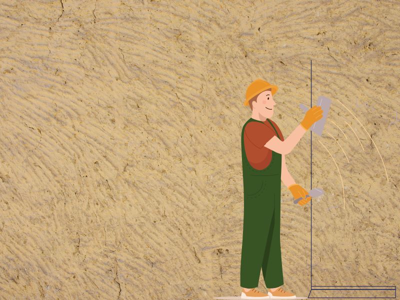 A photograph of an adobe plaster wall with a cartoon workman overlain with a float in his hand applying plaster to a wall.