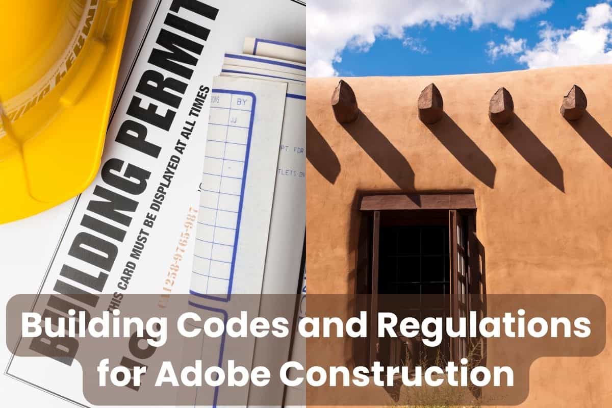 A photograph of a building permit next to rolls of plans and a yellow hard hat on the left of the image, with a photograph of an adobe house on the right. Across the bottom of the image are the words "Building Codes and Regulations for Adobe Construction."