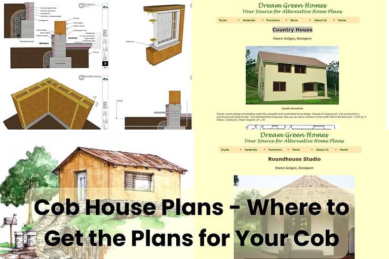 Screenshots of house plans, artists' impressions, photographs of cob house plans, computer visualizations, and finished cob houses. Across the bottom of the image are the words "Cob House Plans - Where to Get the Plans for Your Cob House."