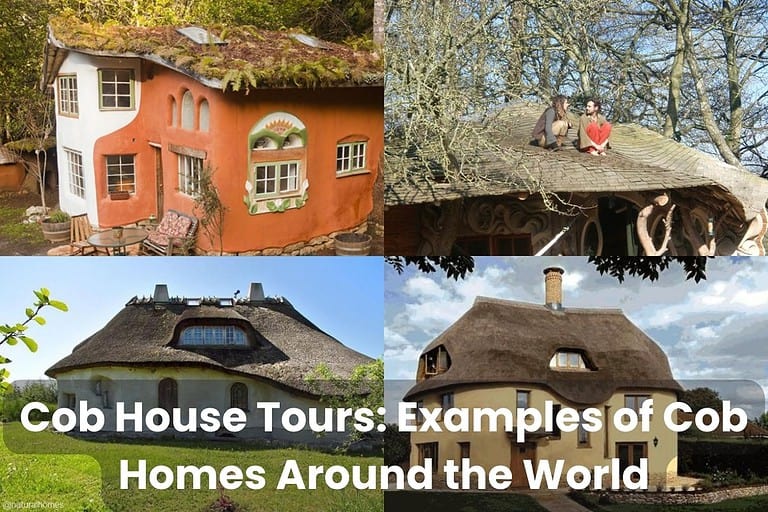 A collage of four photographs of different styles of cob houses from around the world. Some have thatched roofs and others have green roofs or cedar shingle roofs. Across the bottom of the image are the words "Cob House Tours: Examples of Cob Homes Around the World."