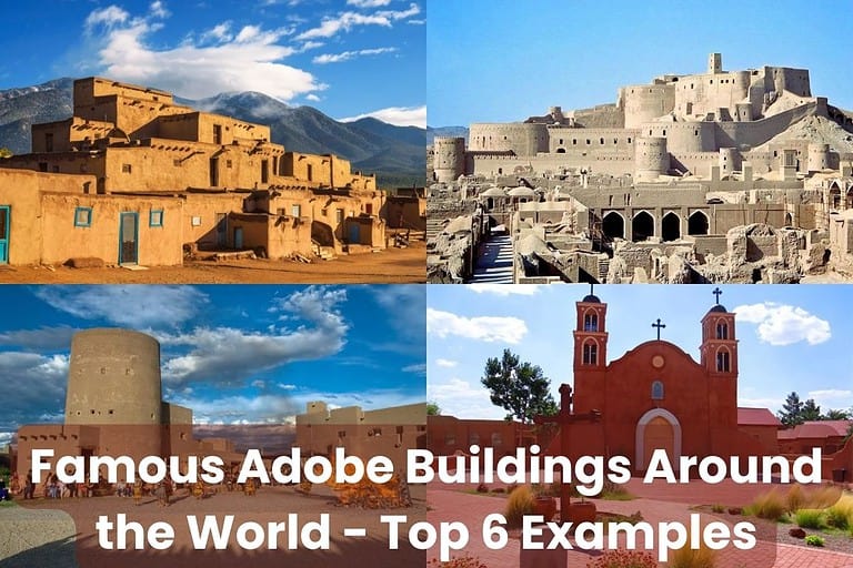 Photographs of the adobe buildings featured in this article. They include Arg-é Bam, Iran; Taos Pueblo; The Poeh Center, New Mexico, USA; and San Miguel Mission.