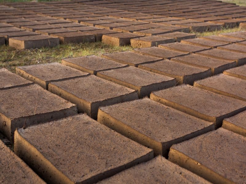 Rows of adobe bricks were placed in rows to dry on rough ground outside.