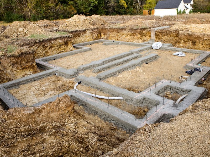 Groundworks for an adobe house, including poured concrete with rebar.