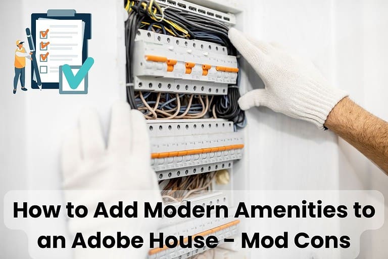 An electrician wearing white gloves installing an electrical consumer unit. There are circuit breakers with orange switches and bundles of wires behind. Along the bottom of the image are the words "How to Add Modern Amenities to an Adobe House - Mod Cons." In the top right is a cartoon of a small man holding a huge pen and ticking off items on a list on a huge clipboard.