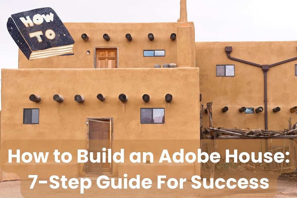 A photograph of an adobe house with orange plastered walls and roundwood beams protruding from the walls. It has small windows and wooden doors, with drainpipes on the walls to remove water from the roof via scuppers. Across the bottom are the words "How to Build an Adobe House: 7-Step Guide For Success." In the top right corner is a cartoon book with "How To" written on its cover.