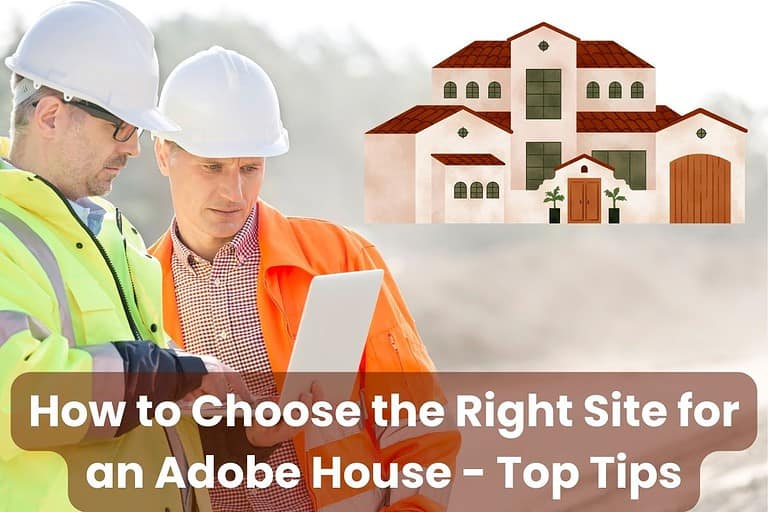 A photograph of two construction workers wearing high visibility jackets and white hard hats. One of the workers is holding a laptop and pointing at the screen as the other looks closely at what he's explaining on the screen. Across the bottom of the image are the words "How to Choose the Right Site for an Adobe House - Top Tips." In the top right is a cartoon image of a large adobe house.