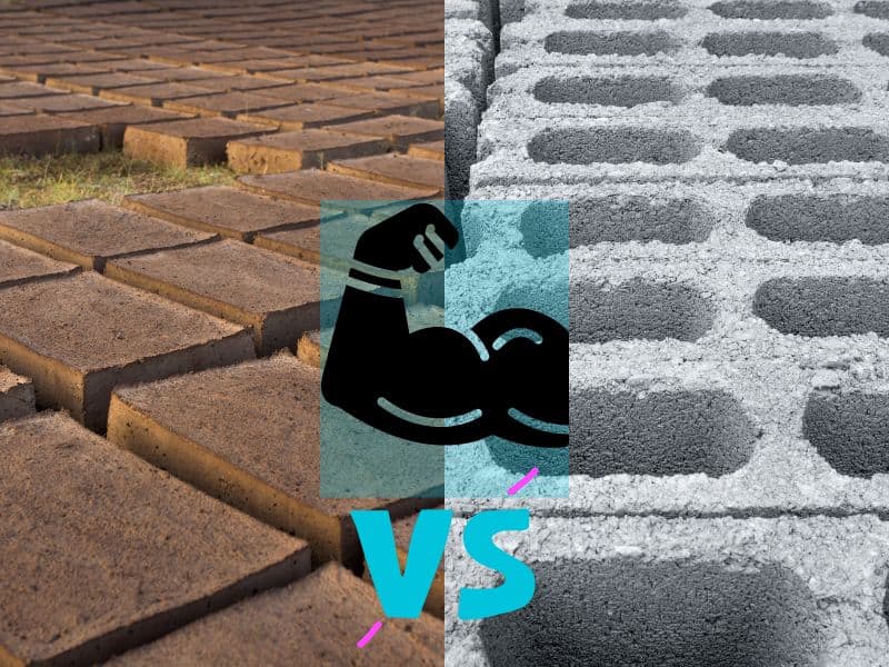 A photograph of adobe bricks arranged in neat rows on the left of the image and a row of concrete blocks on the right. In the middle is a strong arm flexing with the word "VS" beneath.