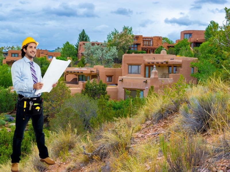 A builder wearing a tool belt and yellow hard hard holding a set of plans. In the background is a patch of bare ground on a slope with adobe houses in the middle distance.