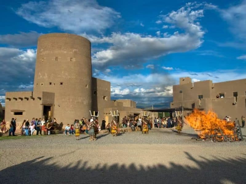 A photograph of the The Poeh Center, New Mexico, USA. This adobe building is featured on the New Mexico Tourism Department website.