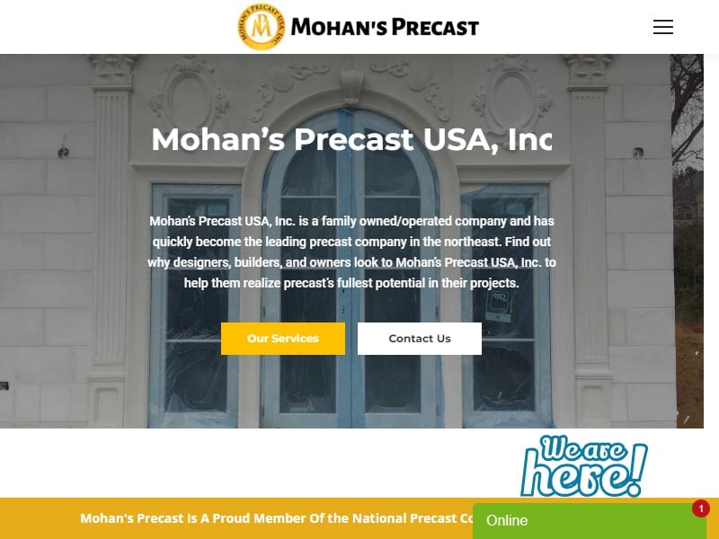 A screenshot of the Mohan Precast USA, Inc. website.