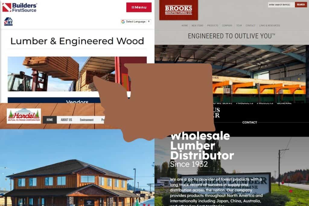 Screenshots of the websites of four of the best engineered wood construction companies in Washington. In the center of the image is an outline map of the state of Washington filled with brown.