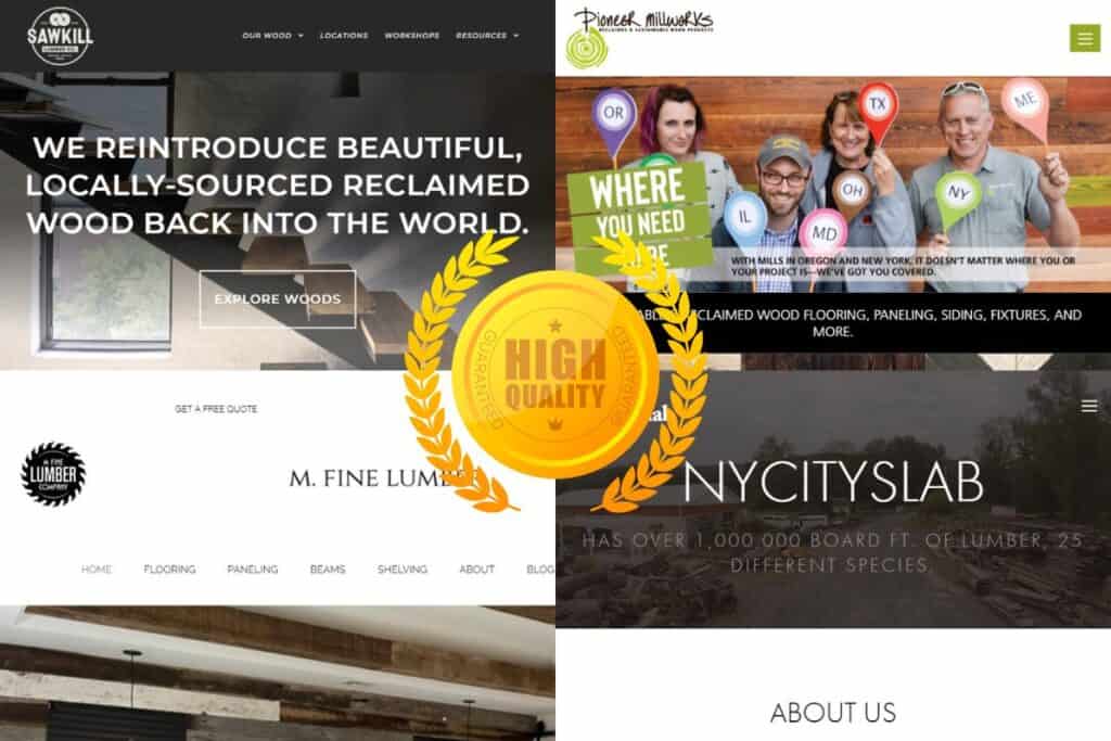 Screenshots of the websites of the 10 best reclaimed wood construction companies in New York. In the center of the image is a golden crest with "High Quality" written on it.