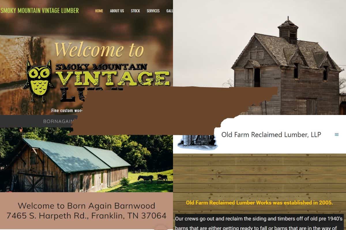 Screenshots of websites of some of the Best Reclaimed Wood Construction Companies in Tennessee and a photograph of a wooden barn in a state of disrepair. In the center of the image is a map of the state of Tennessee filled with brown.