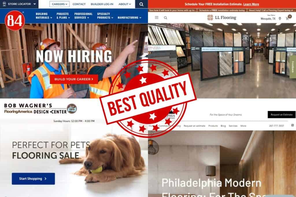 Four screenshots taken from websites of the Best Engineered Wood Construction Companies in Pennsylvania. In the center is a red badge saying "Best Quality."