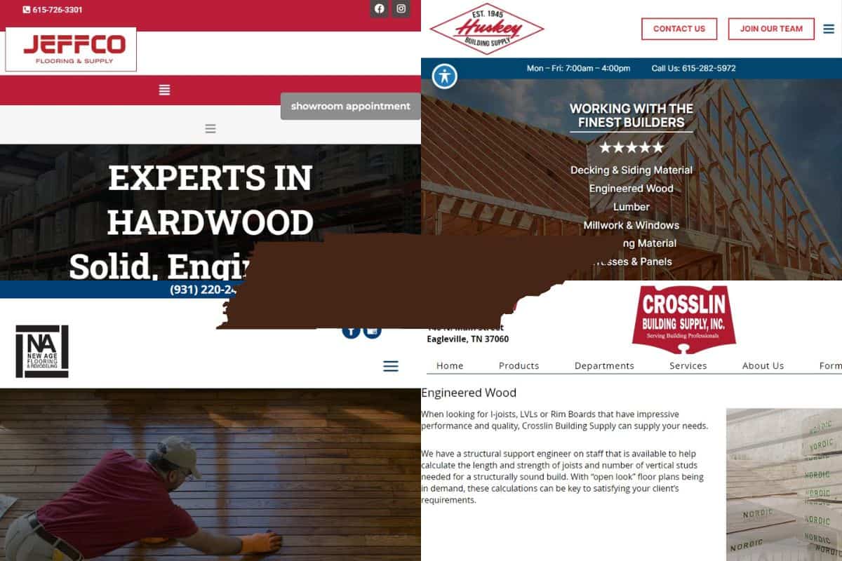 Screenshots of websites of some of the Best Engineered Wood Construction Companies in Tennessee. In the center of the image is a map of the state of Tennessee filled with brown.