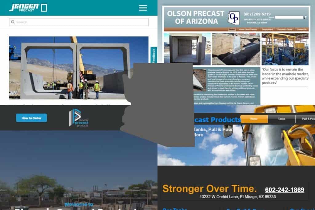 Screenshots of the websites of four of the Best Precast Concrete Construction Companies in Arizona. In the center of the image is an outline map of Arizona filled with gray.