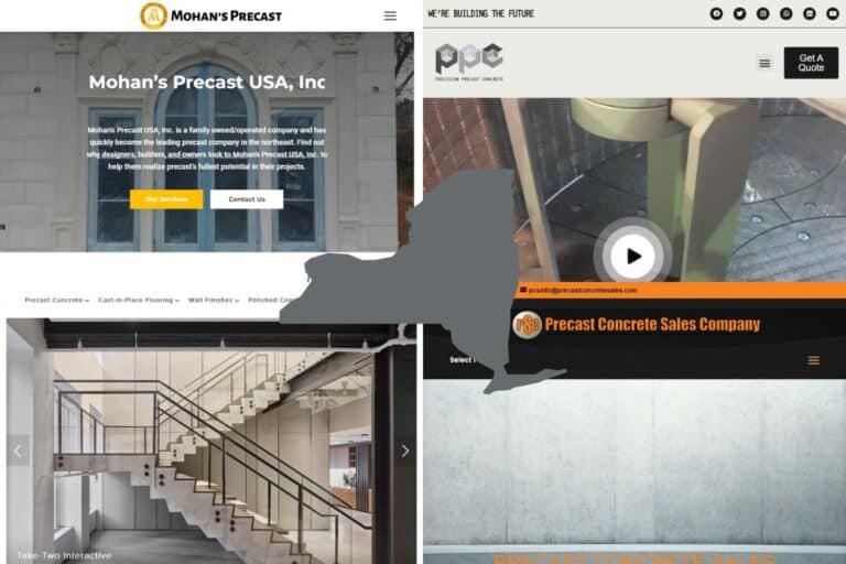 Screenshots of the websites of four of the best precast concrete construction companies in New York. In the center of the image is an outline map of the state of New York filled with gray.