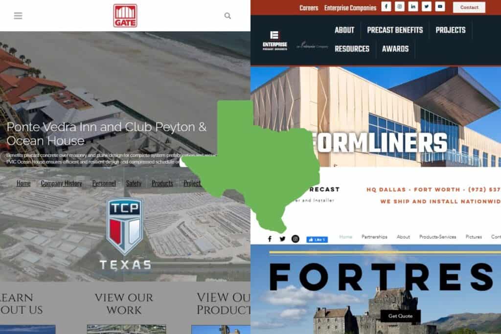 Screenshots of the websites of four of the Best Precast Concrete Construction Companies in Texas. In the center of the image is an outline map of the state of Texas filled with green.