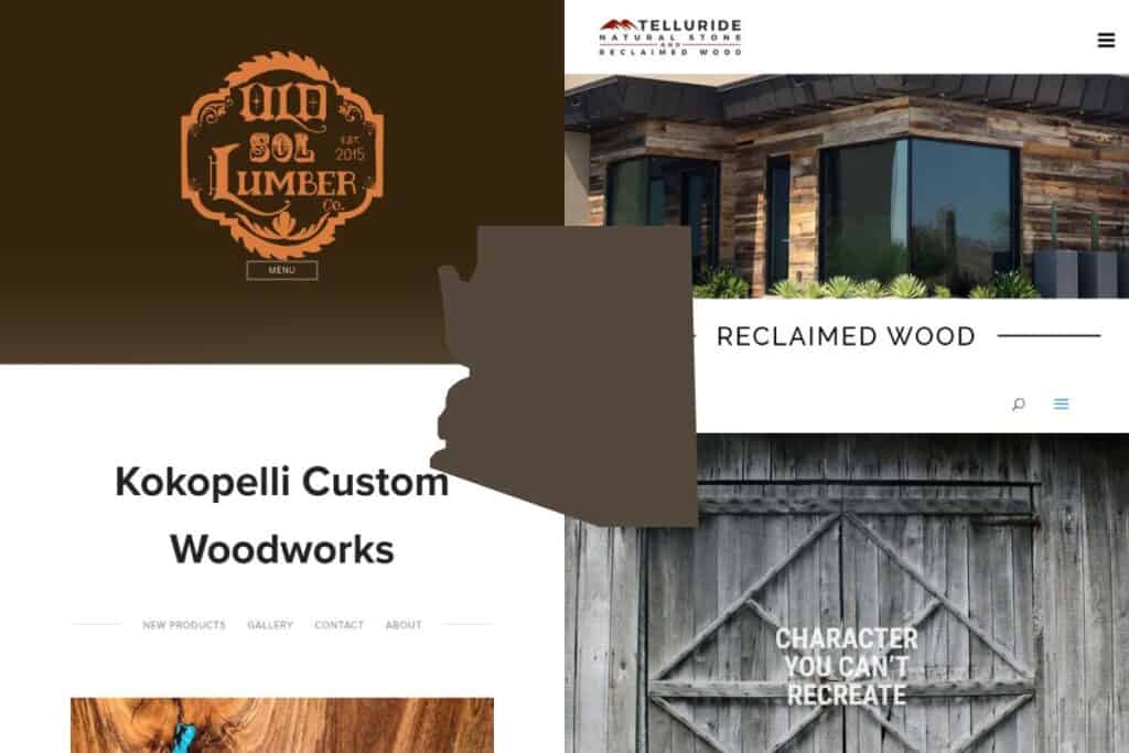 Screenshots of the websites of four of the Best Reclaimed Wood Construction Companies in Arizona. In the center of the image is an outline map of Arizona filled with brown.