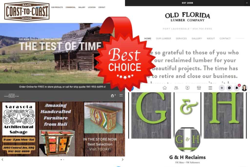 Screenshots of four websites of reclaimed wood construction companies in Florida. In the upper center of the image is a red "Best Choice" badge.