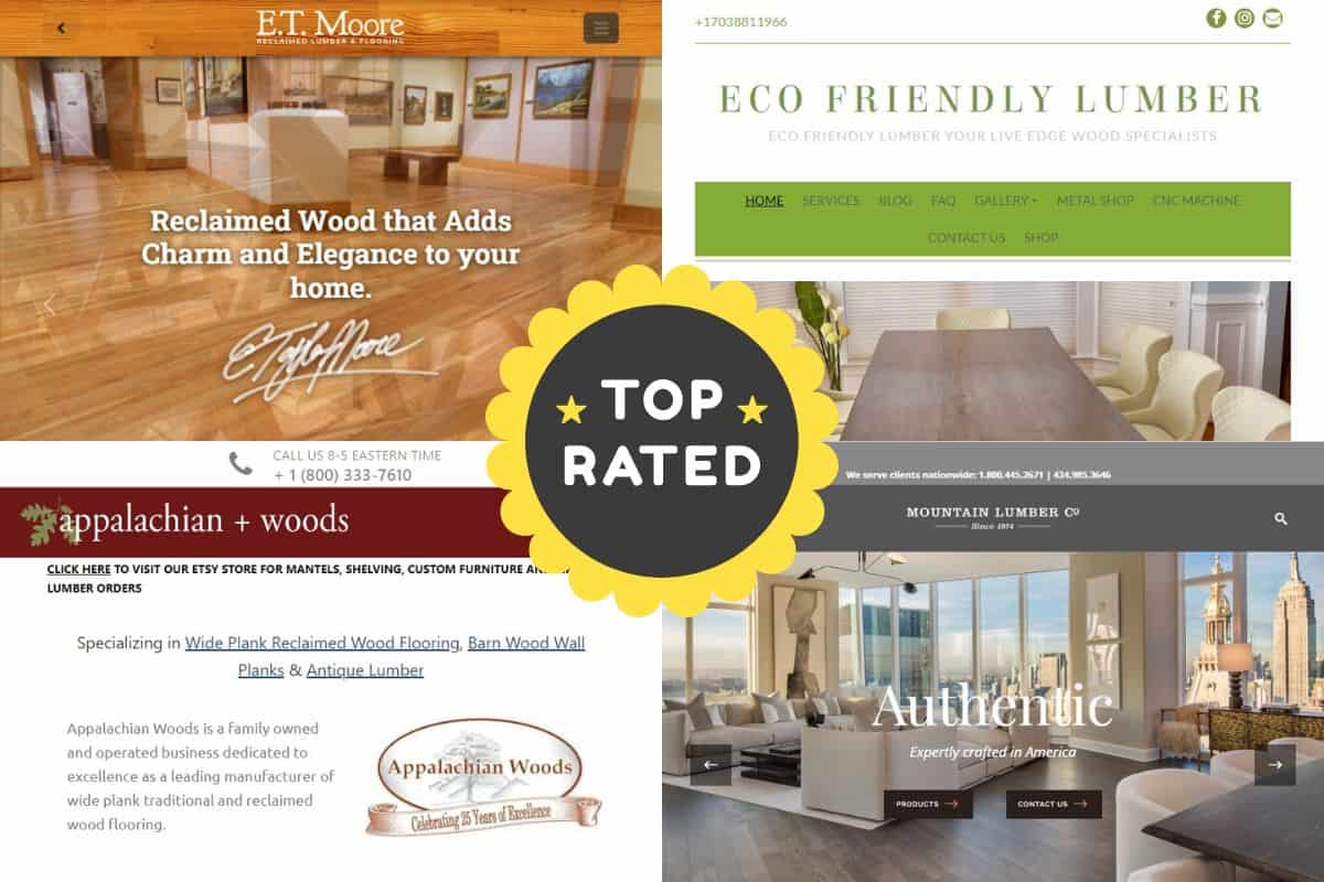 Screenshots of four companies' websites featured in the article "11 Best Reclaimed Wood Construction Companies in Virginia." In the center of the image is a black rosette with a yellow outline and the words "top rated."