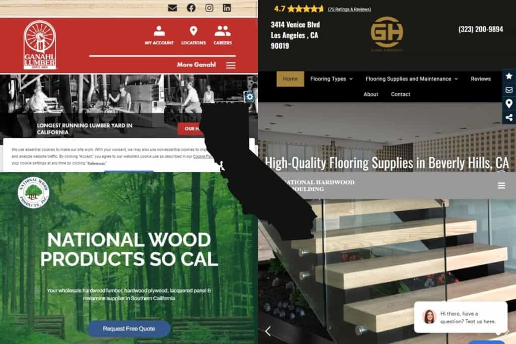 Screenshots of the websites of four of the best engineered wood construction companies in California. In the center of the image is an outline map of the state of California filled with dark brown.