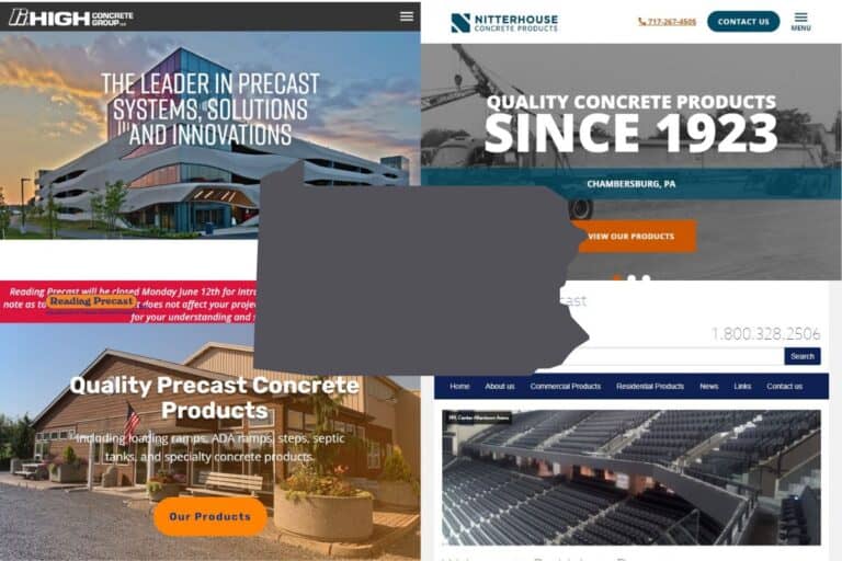 Screenshots of the websites of four of the best precast concrete construction companies in Pennsylvania. In the center of the image is an outline map of the state of Pennsylvania filled with gray.